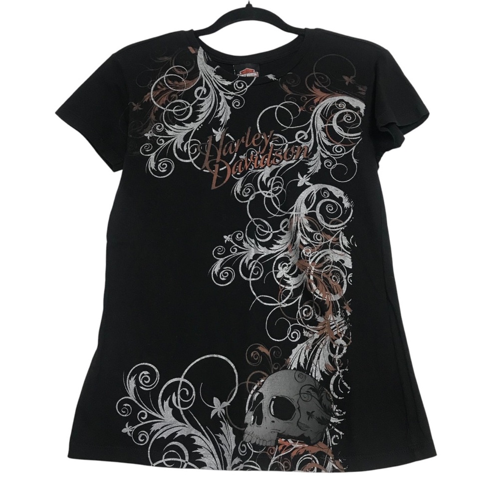 Harley-Davidson Bravado Mancuso Black Skull Graphic Shirt Womens Sz S Bikercore